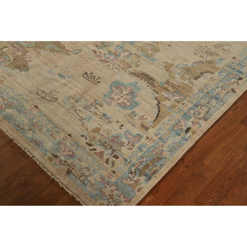 Beige Art Deco Turkish Runner Rug Handmade Wool Carpet - 4'10" x 14'1"