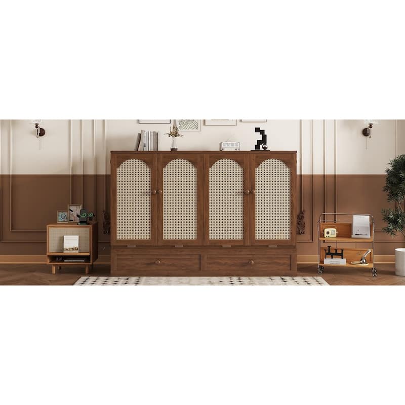Roomfitters Queen Murphy Bed Cabinet, Pine Wood Fold-Down Bed with Power Station and Rattan Accent Panel