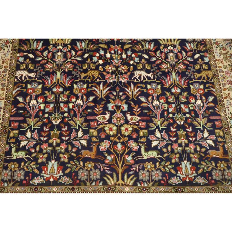 Hand Knotted Oriental 100% Wool Carpet Traditional Animal Pictorial Navy Blue & Blues Tabriz Area Rug - 7' 9'' X 6' 7''