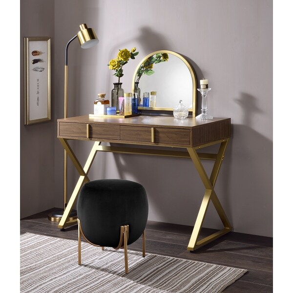 Vanity Desk w Mirror Jewelry Tray in Walnut Gold Finish Bed