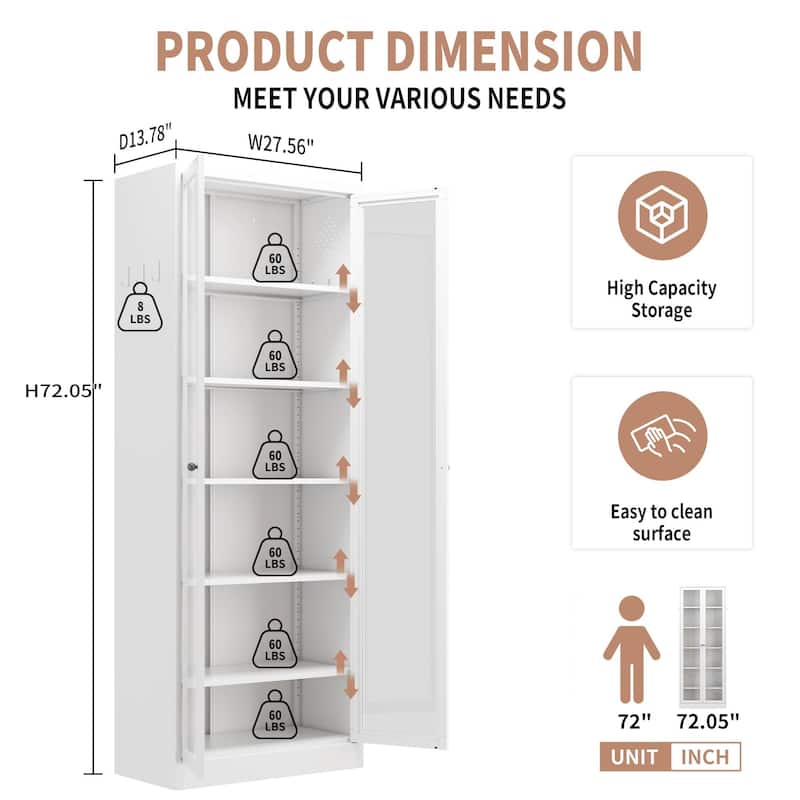 72" White Metal Storage Cabinet with Adjustable Shelves and Glass Doors, Tall Freestanding Pantry Organizer for Kitchen