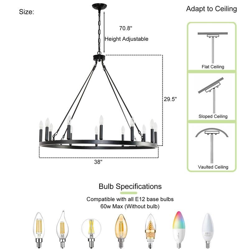 12-Light Black Wagon Wheel Chandelier, Candle Style Ceiling Light Fixtures