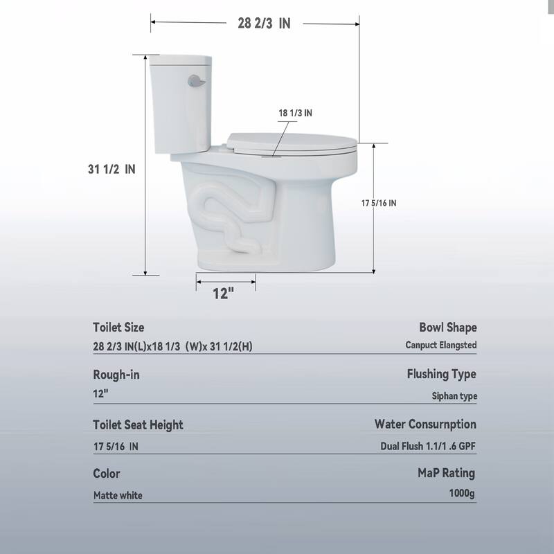 1.28 Tornado Flush Two-piece Toilet,Siphonic Side Press Single Flush,17"ADA Comfort Chair Height Seat,S-trap 12",Rimless Bowl