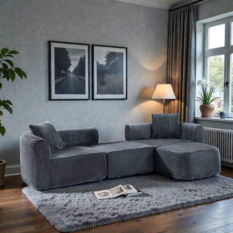 114" Cloud Sectional Couch with L Shape Chaise, Modular Corduroy Sofa with Movable Ottoman, No Assembly