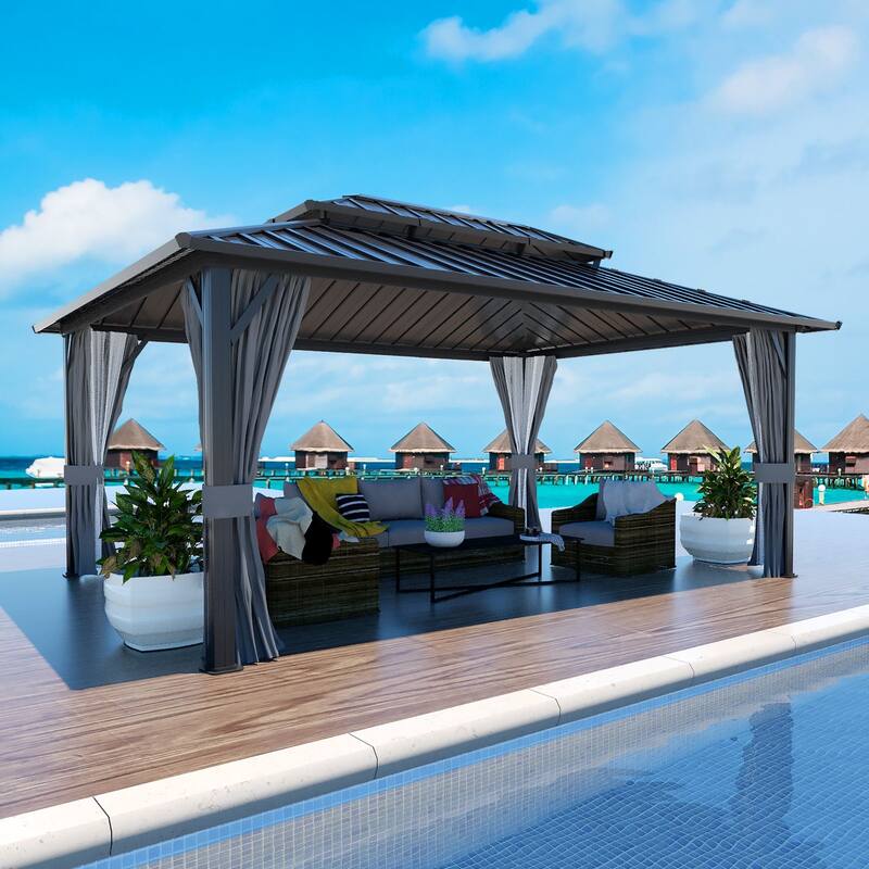 VEIKOUS Aluminum Double Hardtop Gazebo Pergola for Patio, Lawn, and Garden with Removable Curtains and Netting - 12×16