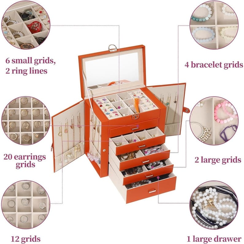 6 Layer Large Jewelry Organizer With Mirror - 6.6"D x 10.6"W x 11"H