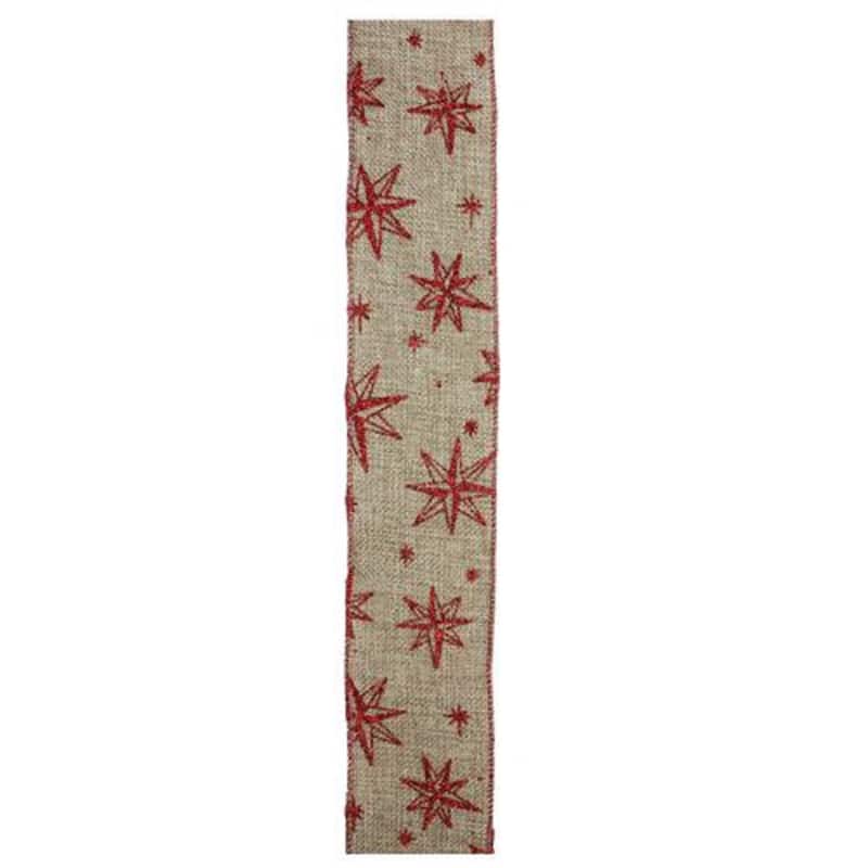 Red and Beige Star Wired Christmas Craft Ribbon 2.5" x 10 Yards