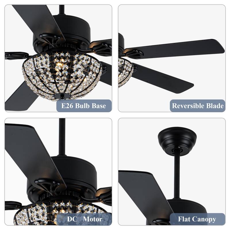Cusp Barn 52 Inch Modern Crystal Black Ceiling Fan with Light, Noiseless DC Motor 6 Speeds Caged Ceiling Fan for Living Room