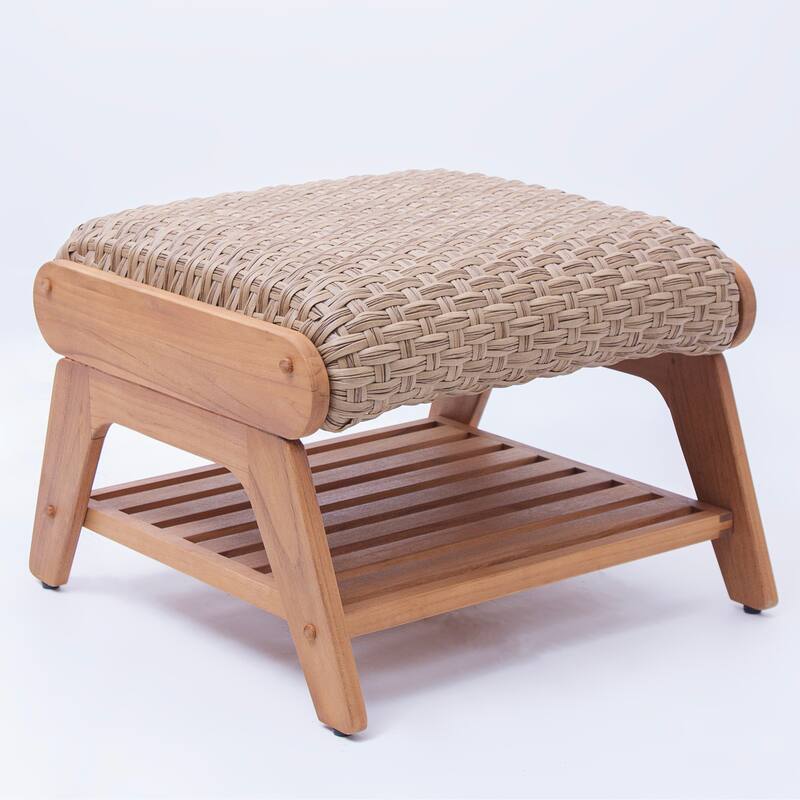 Cambridge Casual Camden Teak Outdoor Ottoman with Padded Woven Seat - Natural Teak/Beige Wicker