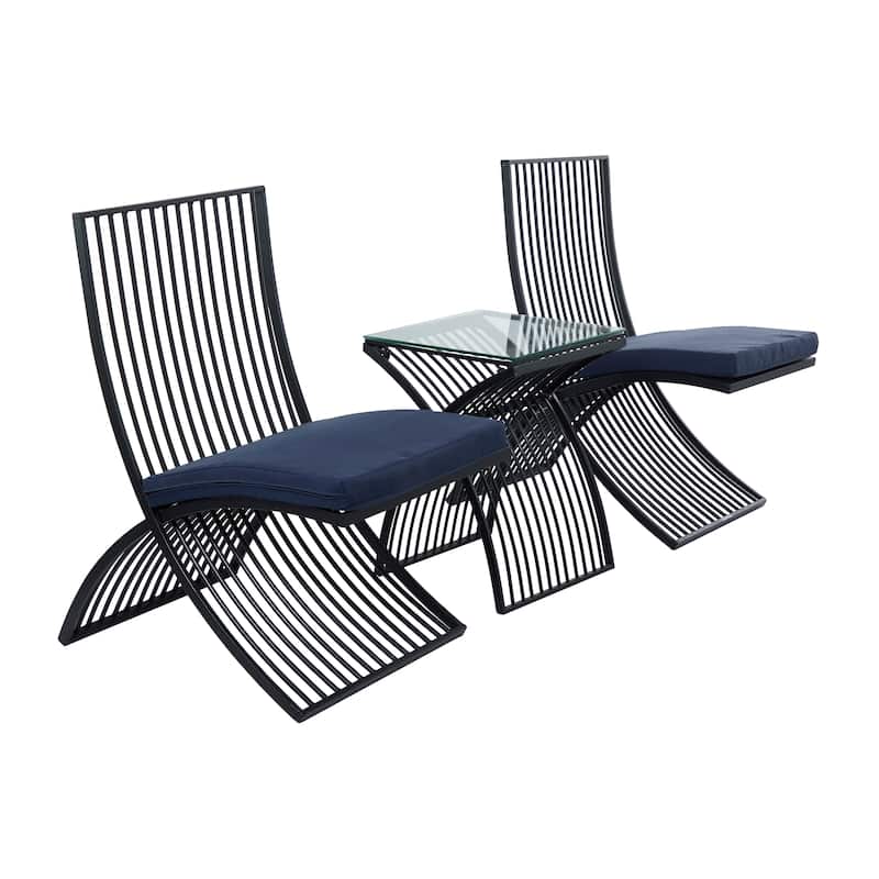 Metal Small Folding Outdoor Seating Set with Navy Cushions - Set of 3 Black - Roche River Decor - 32"W x 21"L x 34"H