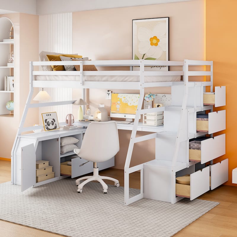 Full Size Loft Bed with 7 Drawers, 2 Shelves & Desk - White