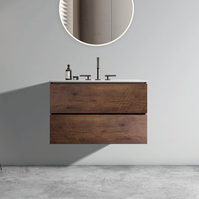 Wall-Mount Bathroom Vanity with Ceramic Sink - Three Faucet Holes - Walnut - 30 inch