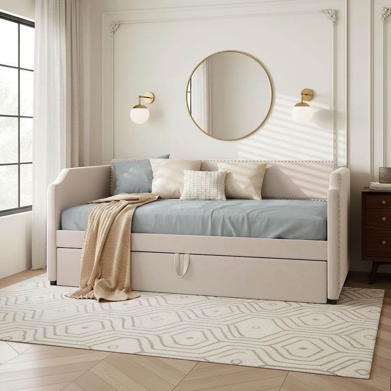 Velvet Twin Daybed with Elevating Pop-Up Trundle & Nailhead Trim by Harper&Bright Designs