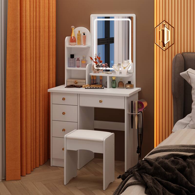 Vanity Set with Stool, Lighted Mirror, Outlets,Makeup Table Dressing - 31.5"W