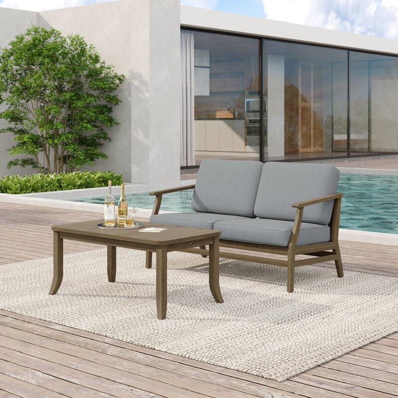 Teak Wood Patio Outdoor Loveseat Sofa and Coffee Table Set