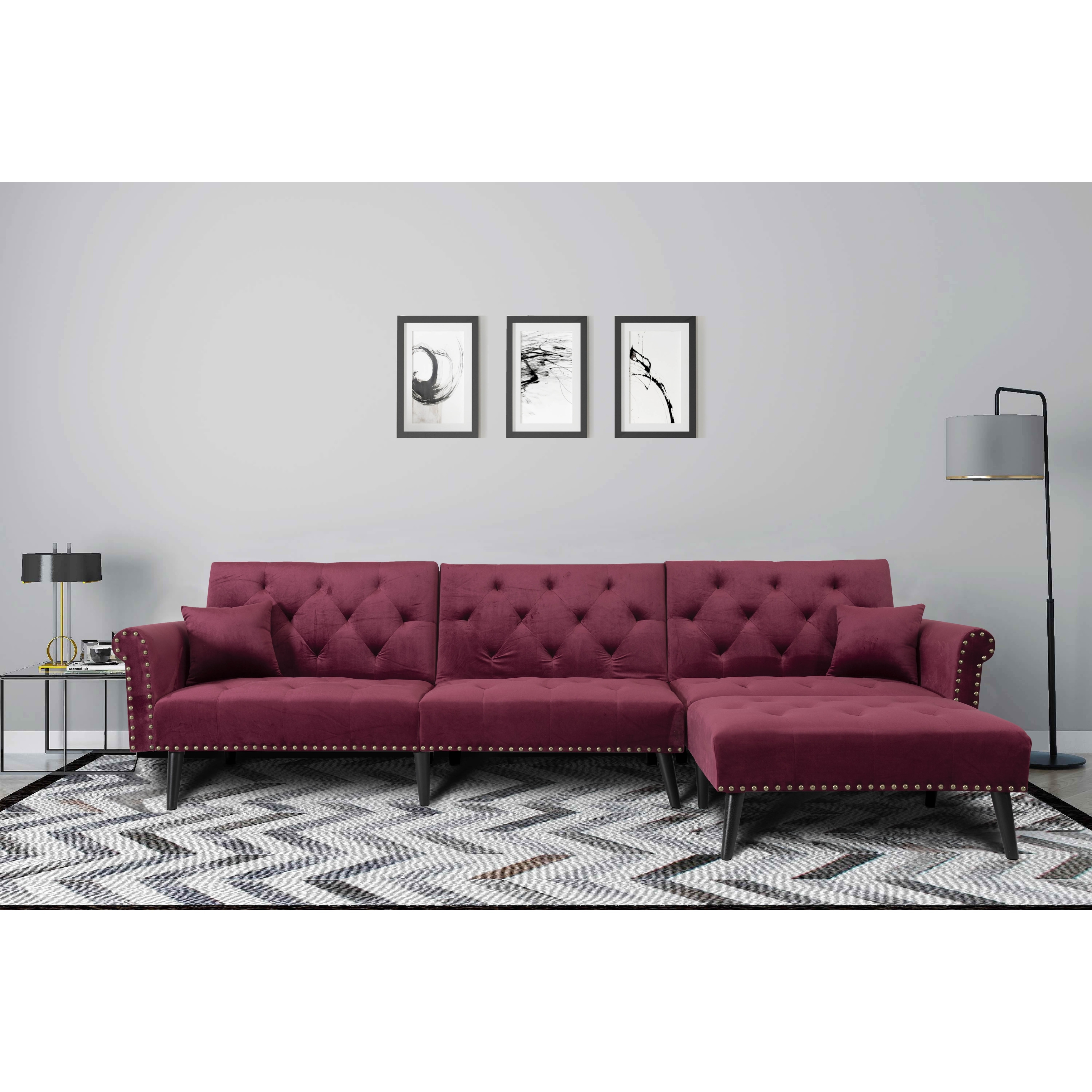 Living Room L Shape Sofa Mid Century Style Velvet Sleeper Futon Rose Red 