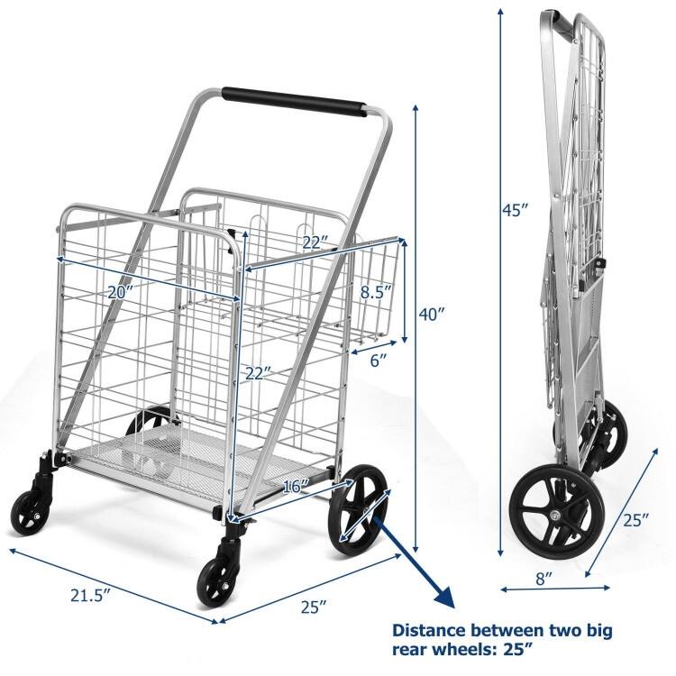 Multi-Purpose Foldable Grocery Cart with 360 Degree Front Wheels and Large Basket and Back Storage - 25" x 25" x 40"(L x W x H)