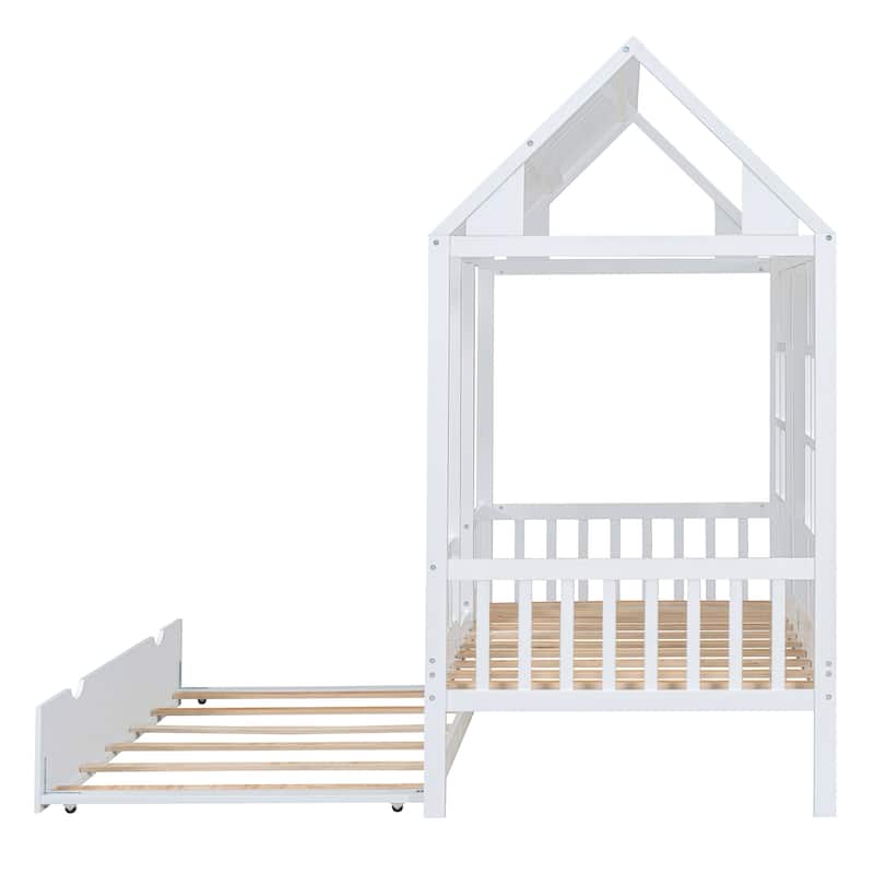Twin House Bed with Trundle and Playhouse Design, 400lb Capacity, Solid Wood Frame