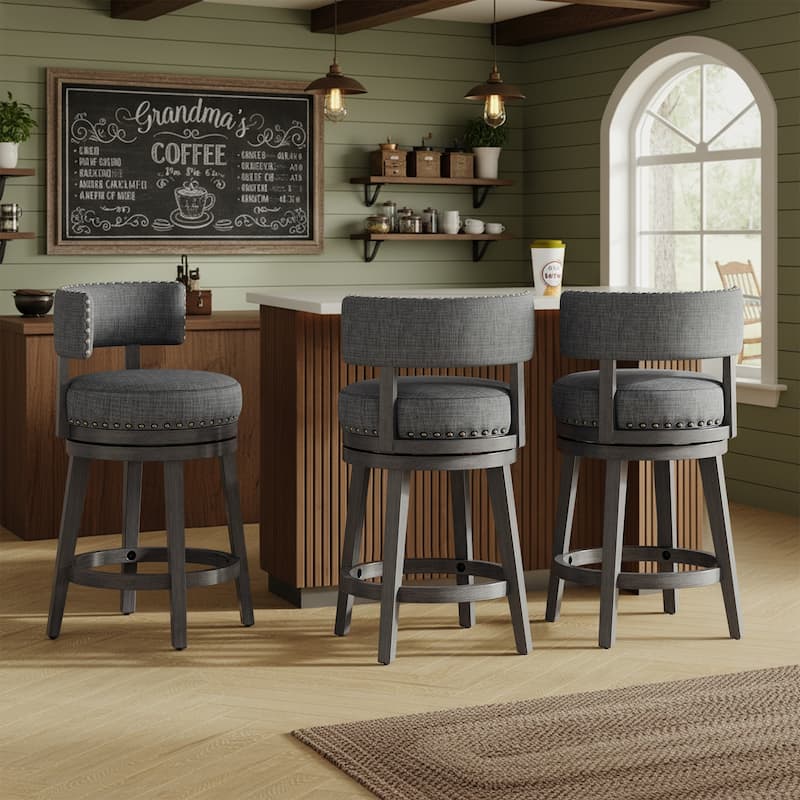Modern Velvet Swivel Bar Stool - 25" or 30" Counter Height with Adjustable Footrest & Walnut Base, for Kitchen Islands - Set of 3 - Grey - Counter Height