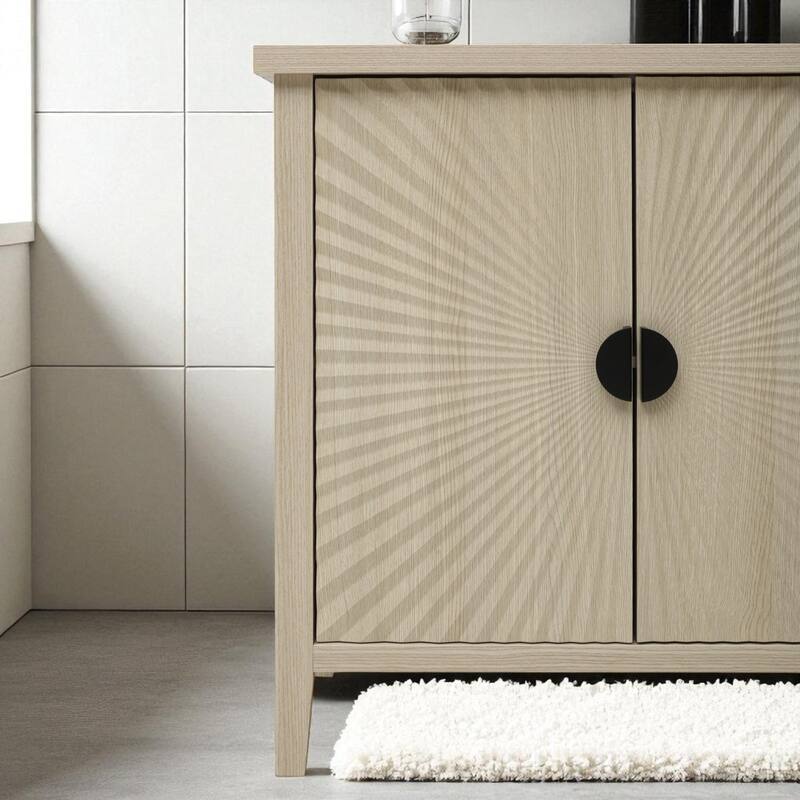 58" Carved Wood Grain Sideboard Storage Cabinet with Adjustable Shelf and Semi-Circular Handles for Dining or Coffee Bar Use