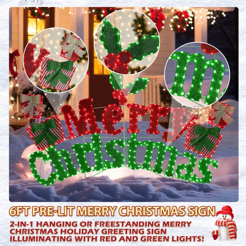VEIKOUS 6FT Merry Christmas Sign with LED Lights, 2-in-1 Hanging or Freestanding Outdoor/Indoor LED Wall Sign Decor