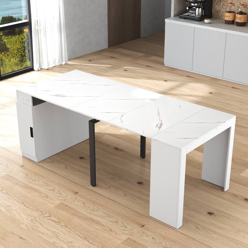Modern Extendable Dining Table with Outlet & Storage, Space-Saving Expanding Table for Party & Meetings