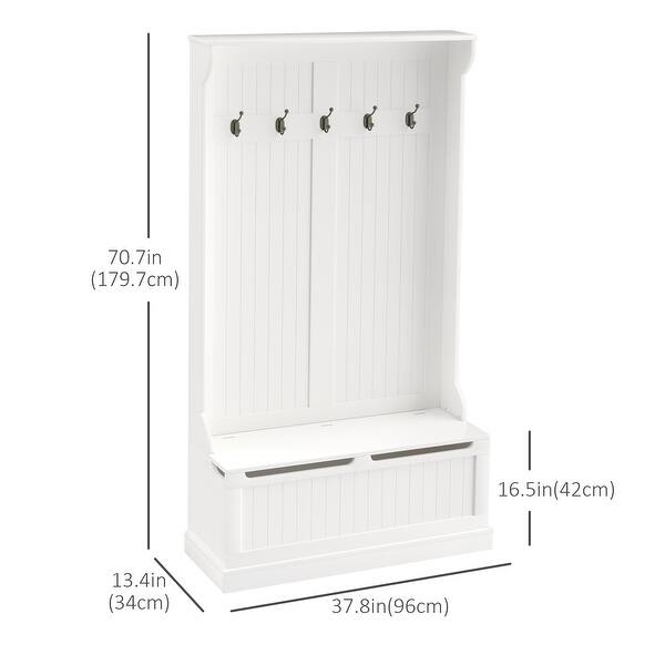 Cream White MDF Hall Tree with Storage Bench, Hooks and Seating - 37.8" W x 13.4" D x 70.7" H