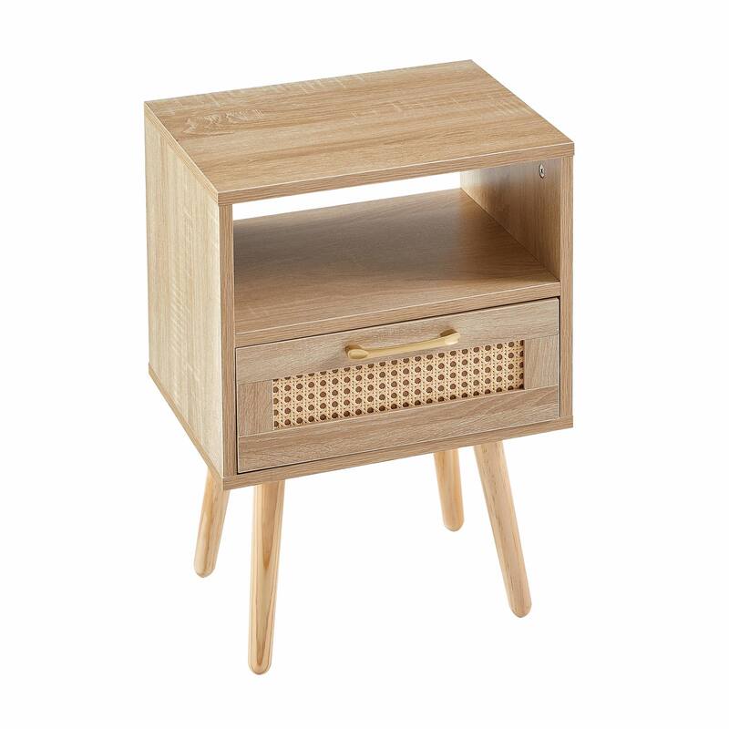 Rattan Nightstand with Drawer, Solid Wood Legs, 16"" Side Table