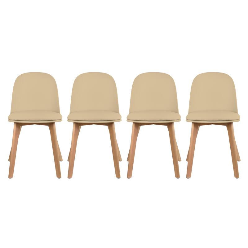 Set of 4 Plastic Dining Chairs Padded Cushion Faux Leather Wooden Legs For Kitchen Waiting Room Outdoor Party - Beige