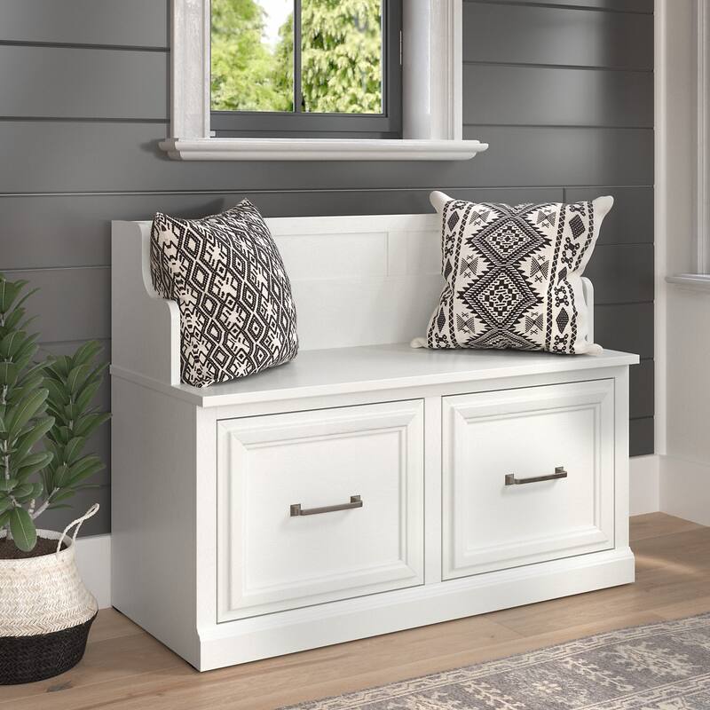 Woodland 40W Entryway Bench with Doors by Bush Furniture - White Ash