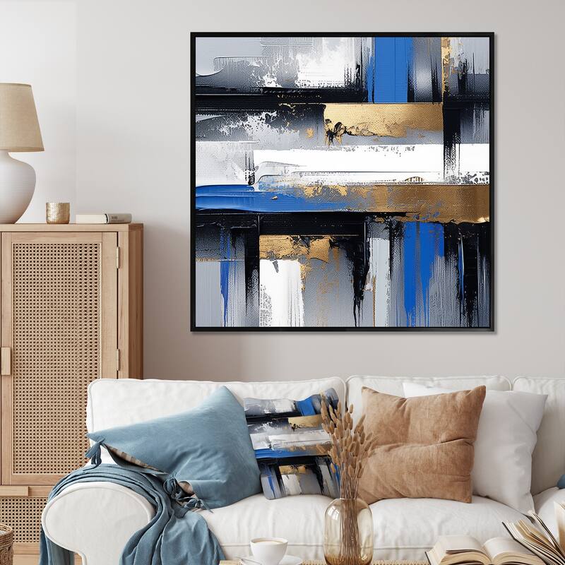 Designart "Gold And Blue Paint Elegance II" Abstract Collages Gold Wall Decor - Modern Living Room Framed Canvas Art - 36 in. wide x 36 in. high - Black