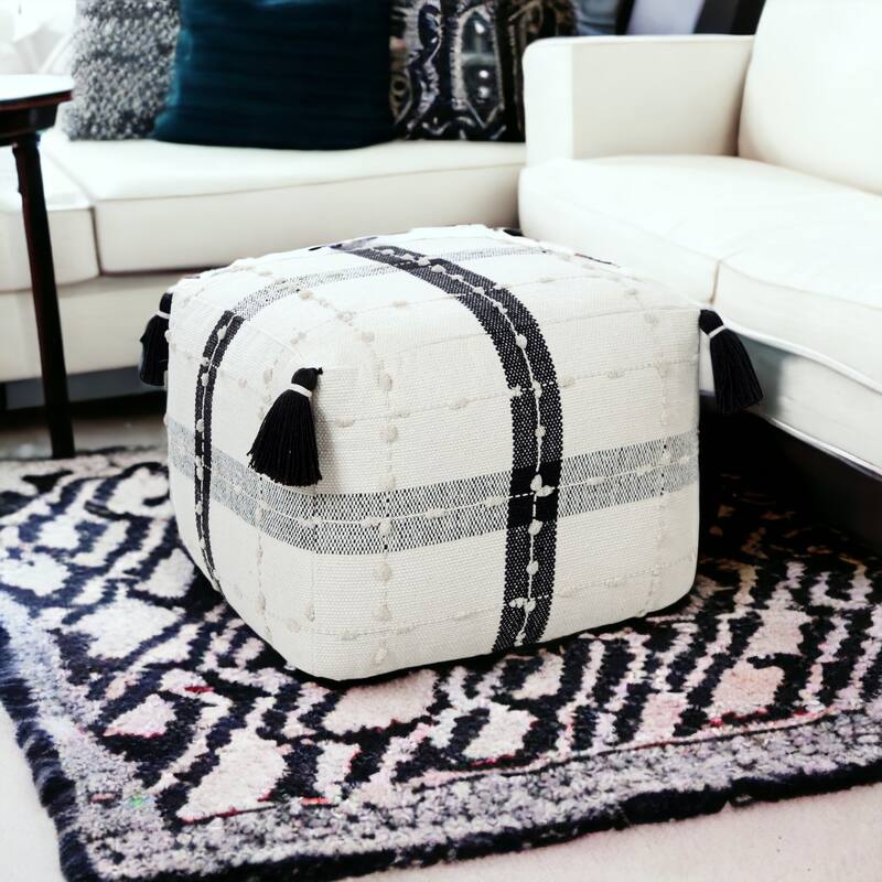 Black-White Striped Cotton Pouf Ottoman 18" Square Upholstered Footstool with Removable Cover