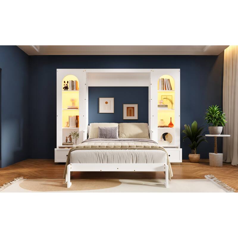 Queen Size Murphy Platform Bed with 2 Arched Cabinets Shelf Drawers and Light Strips, Space-Saving Storage Bed Cube Foldable Bed