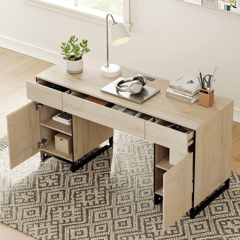 WAMPAT 59" Executive Desk with Charging Station & Storage Cabinet + 72" Tall Bookcase with 6 Drawers.