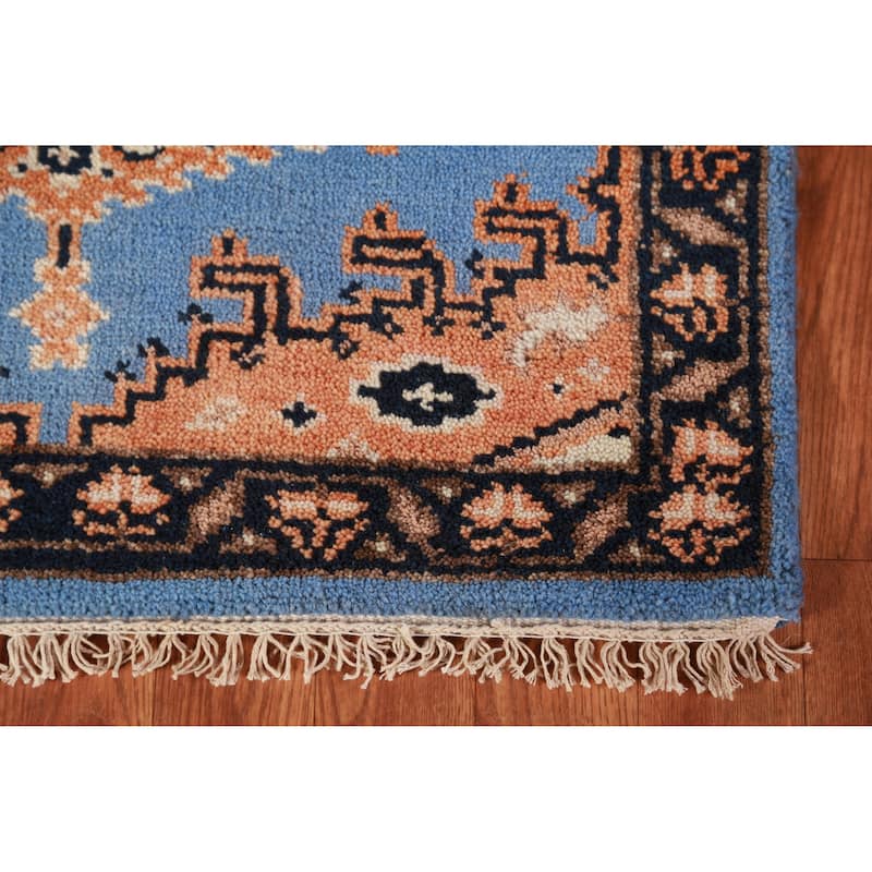 Blue Geometric Viss Oriental Runner Rug Hand-Knotted Wool Carpet - 2'6" x 9'8"