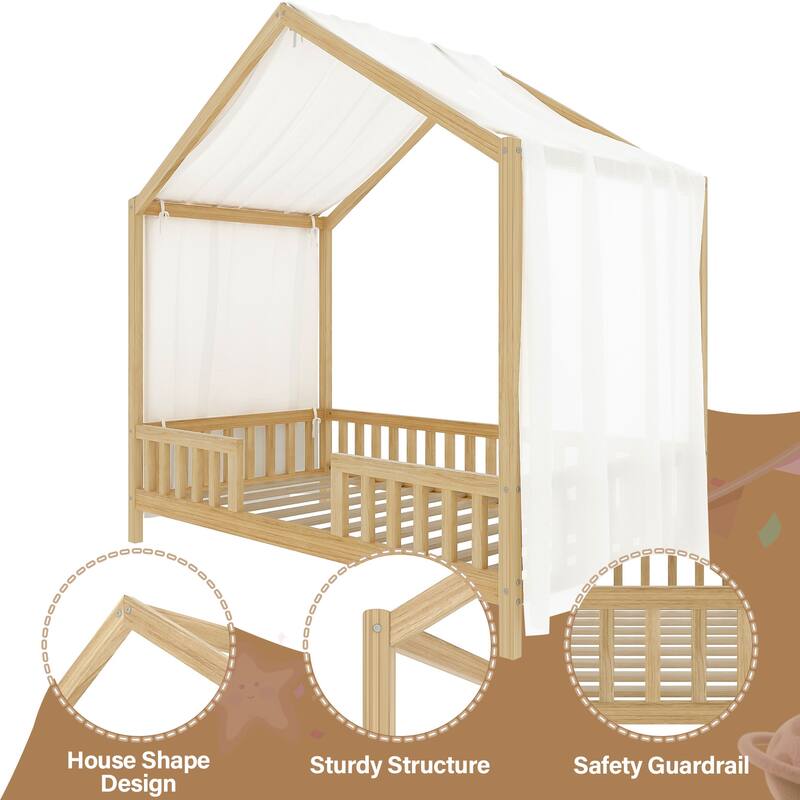 Montessori Toddler Bed Kids House Bed with Airy Canopy, Wood Bed Frame Bed Tent with 4 Full Guardrails, No Box Spring Needed