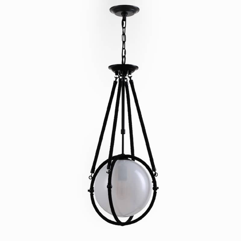 VidaLite Voyager 1-Light Matte Black Pendant, Hanging Pendant Light With Rope Detailing and Smoked Glass Shade - 29" x 12"