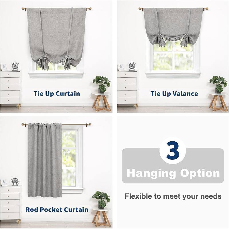 DriftAway Faux Linen Textured Solid Color Blackout Tie Up Curtain for Kitchen Adjustable Balloon Rod Pocket Window Curtains