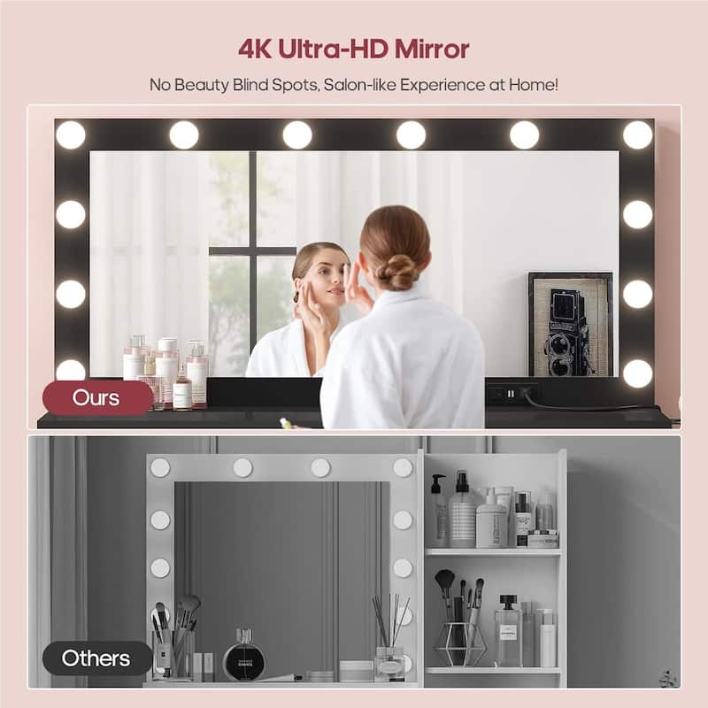 Vanity with Extra Large Mirror and Lights Power Strip 3 Color Modes