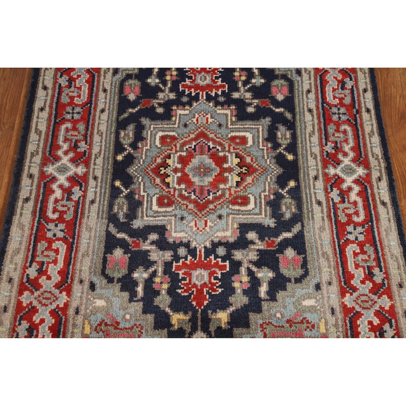 Hand Knotted Oriental 100% Wool Carpet Traditional Medallion Navy Blue & Blues Heriz (serapi) Area Rug - 5' 0'' X 3' 0''