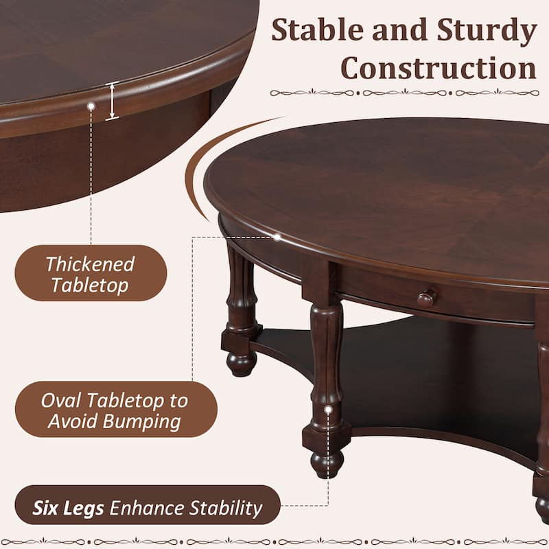 French Country Style Coffee Table Vintage Oval Coffee Table with Drawers and Storage Shelves, for Living Room