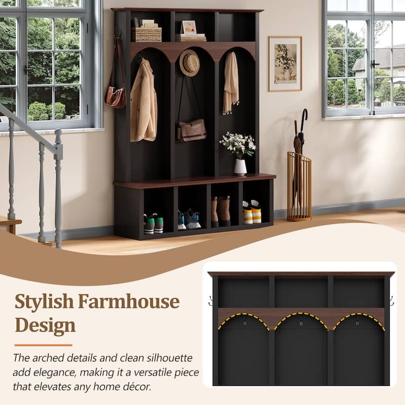 Farmhouse Hall Tree with Arched Design, Wood Entryway Bench with 5 Hooks, 7 Cubbies Shoe Cabinet for Mudroom/Living Room