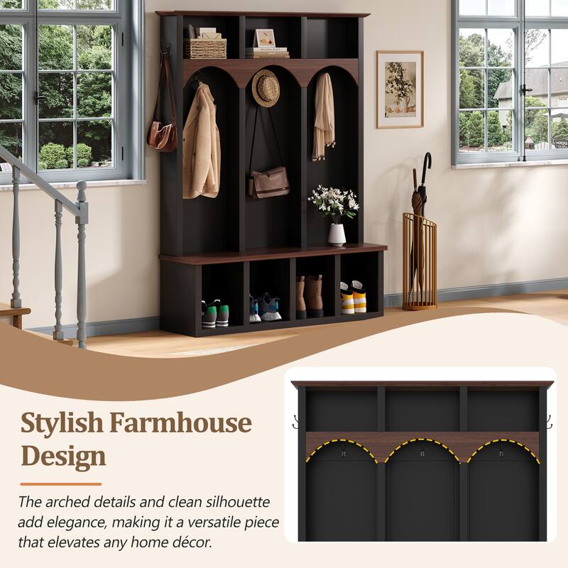 Farmhouse Hall Tree with Storage Bench & Shoe Cabinet, Arched Entryway Organizer with 5 Hooks and 7 Cubbies, Walnut Finish