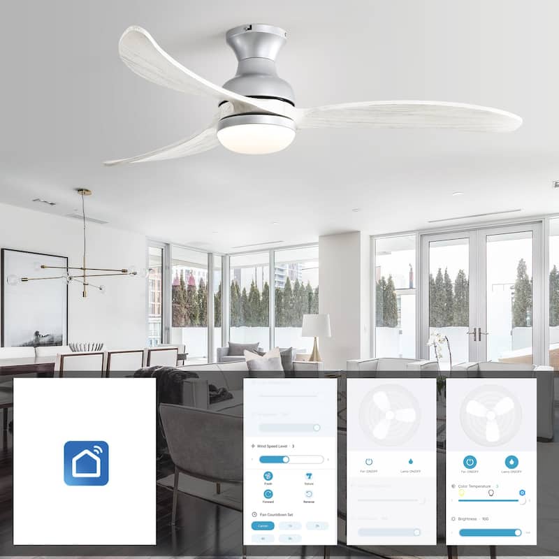 Sofucor 52inch Smart-controlled Flush-mount Ceiling Fan with Streamlined Curved Blades, Remote Control, and Dimmable LED Light