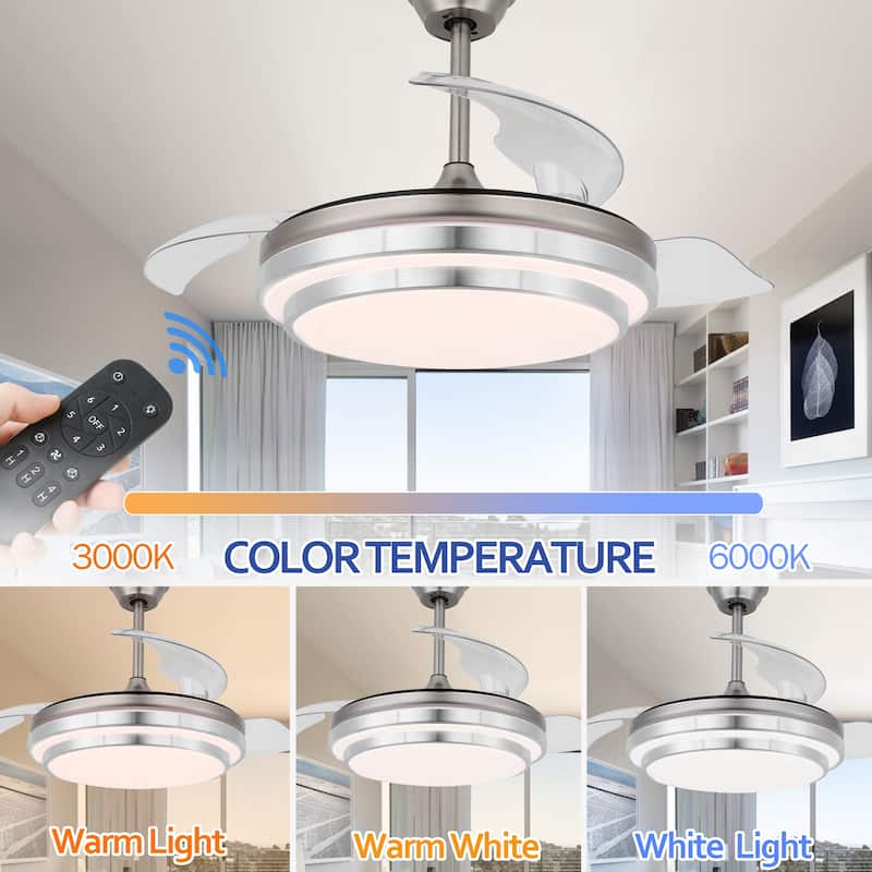 42" Ceiling Fan Light Kit Included with Retractable Blades,6 Fan speed 3 Light Tone with Remote Control - 42 Inches