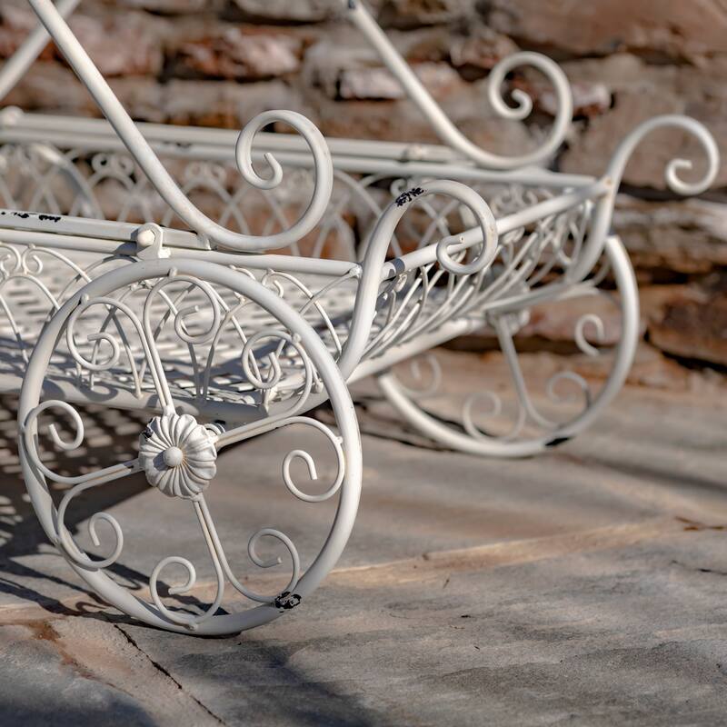 Two Tier Iron Flower Push Cart in Antique White "Odesa 1794" - 21.65x33.85x36.61