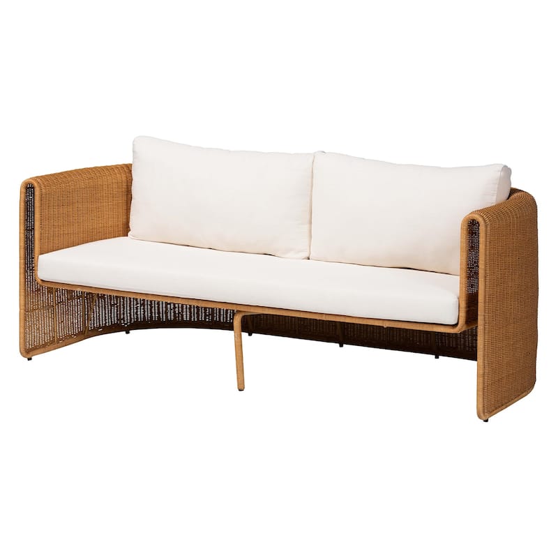Carina Natural Rattan Sofa with Cushion - Handwoven 3-Seater Couch with U-Shaped Sculptural Frame and Deep Seating - Light Honey