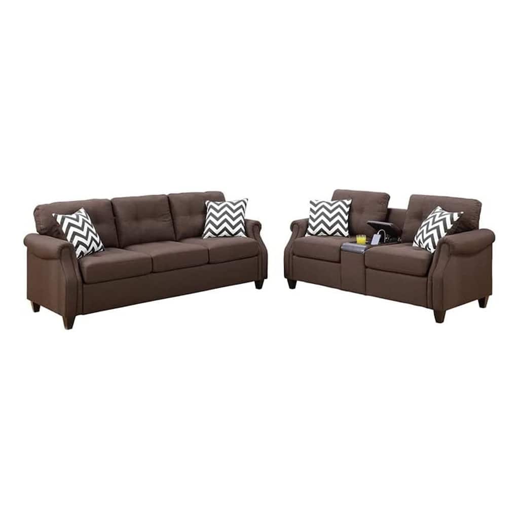 Noa Modern 2 Piece Sofa Loveseat Set of 4 Pillows USB Ports Dark Brown