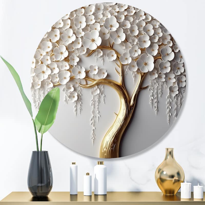Designart "White Orchid Tree Garden Of Branches II" Tree Floral Metal Round Wall Art - 23x23 - Disc of 23 Inch