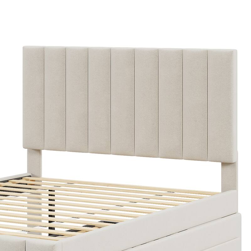 Full Size Upholstered Platform Bed with Twin Size Trundle and 3 Drawers, Linen Fabric